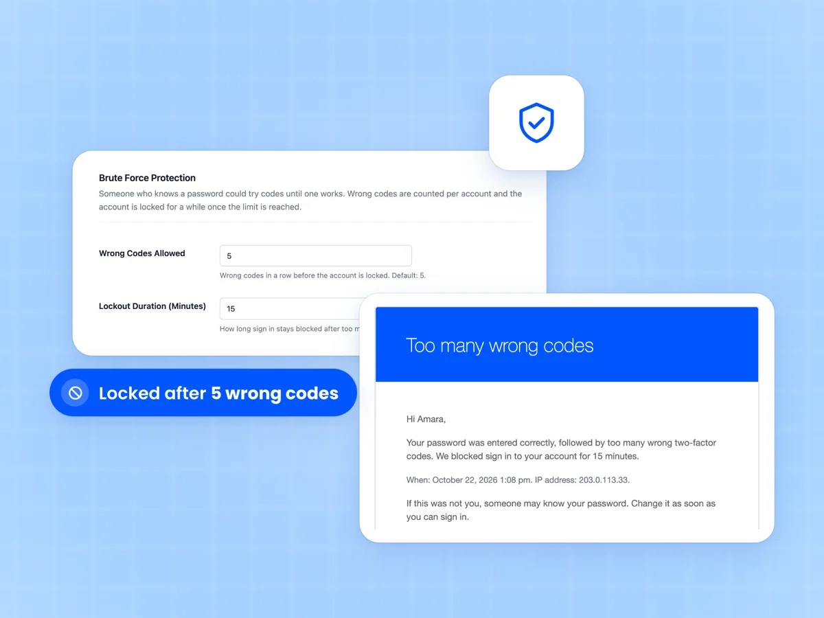 Brute Force Protection settings with 5 wrong codes and a 15 minute lockout beside the Too many wrong codes email