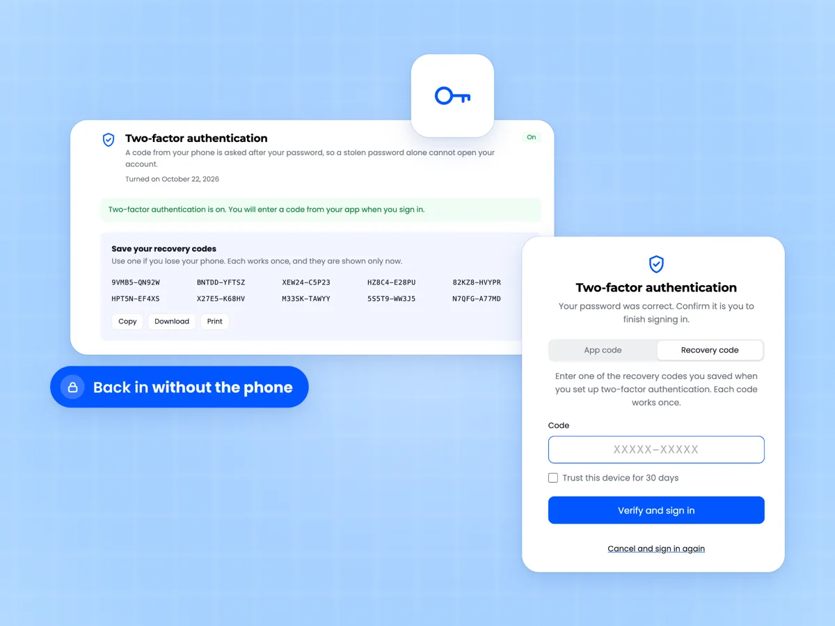 Two-factor authentication is on page with Save your recovery codes, ten codes and Copy, Download and Print beside the Recovery code sign in tab