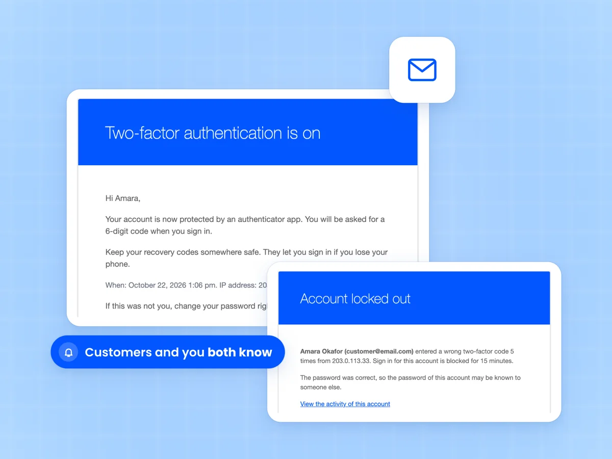 Two-factor authentication is on customer email beside the Account locked out admin alert email