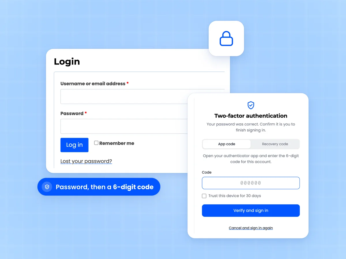 WooCommerce My Account login form beside the two-factor authentication code screen with App code and Recovery code tabs