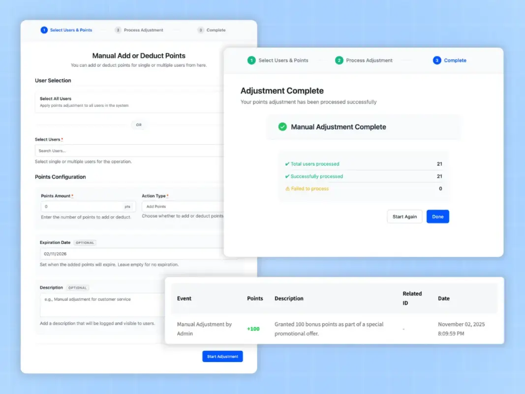 Manual points adjustment with notes and audit trail in LoyaltyX