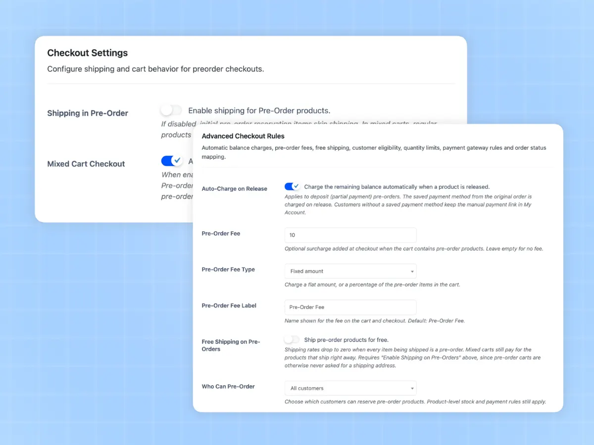 Advanced checkout rules with pre-order fee, quantity limits and gateway settings