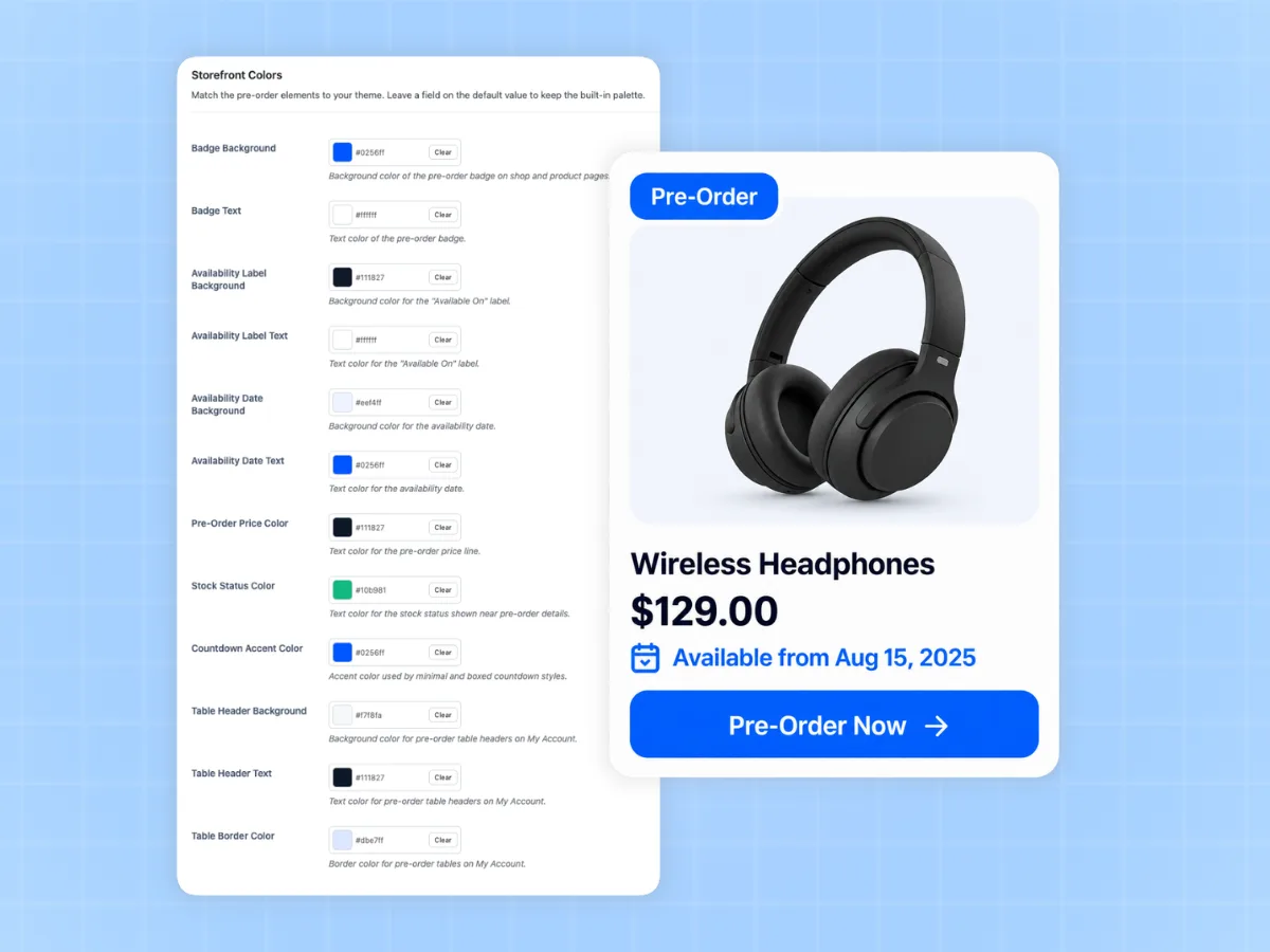WooCommerce shop grid with pre-order badges and release dates on product cards