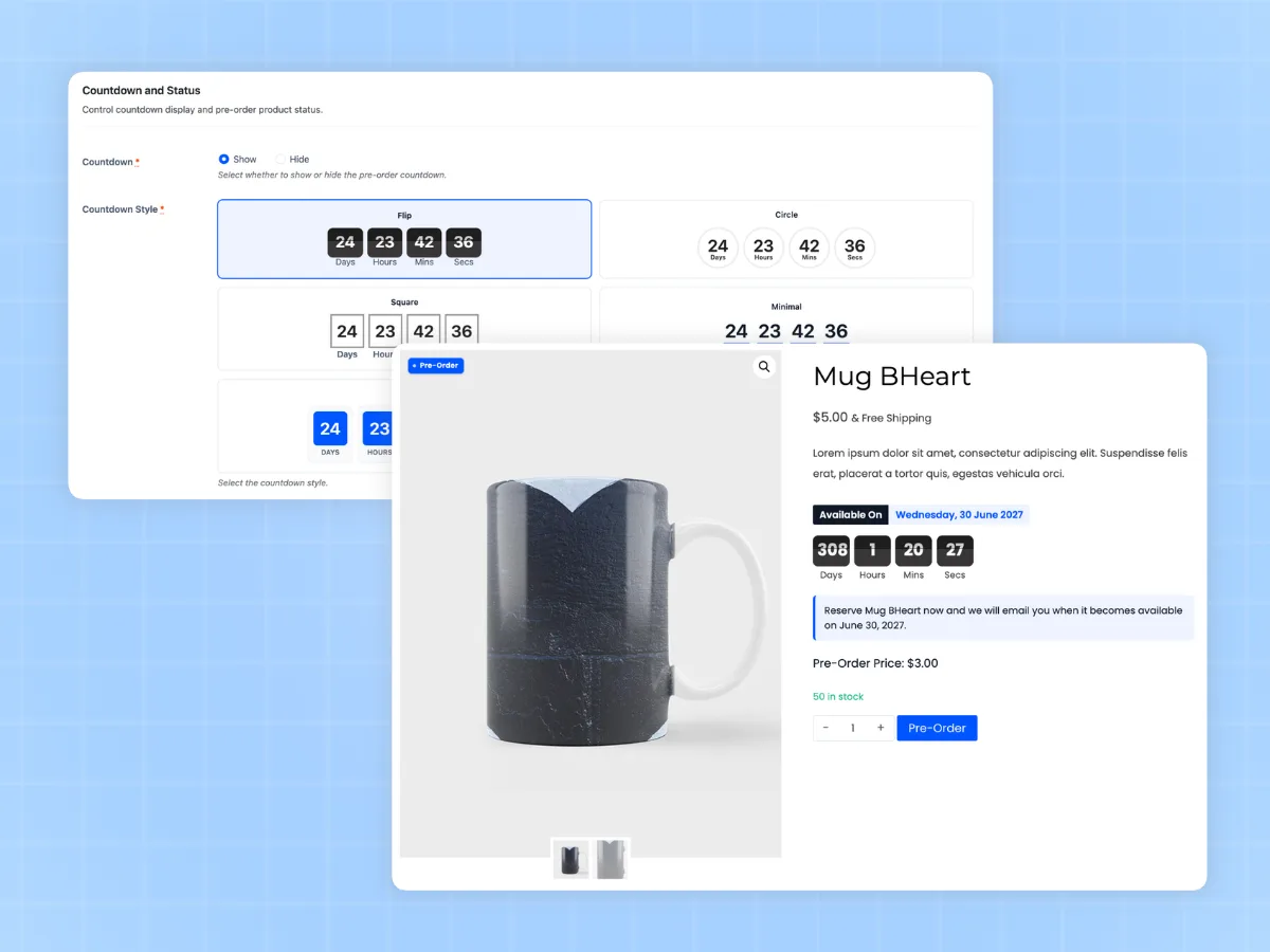 Five WooCommerce pre-order countdown styles: flip, circle, square, minimal and boxed