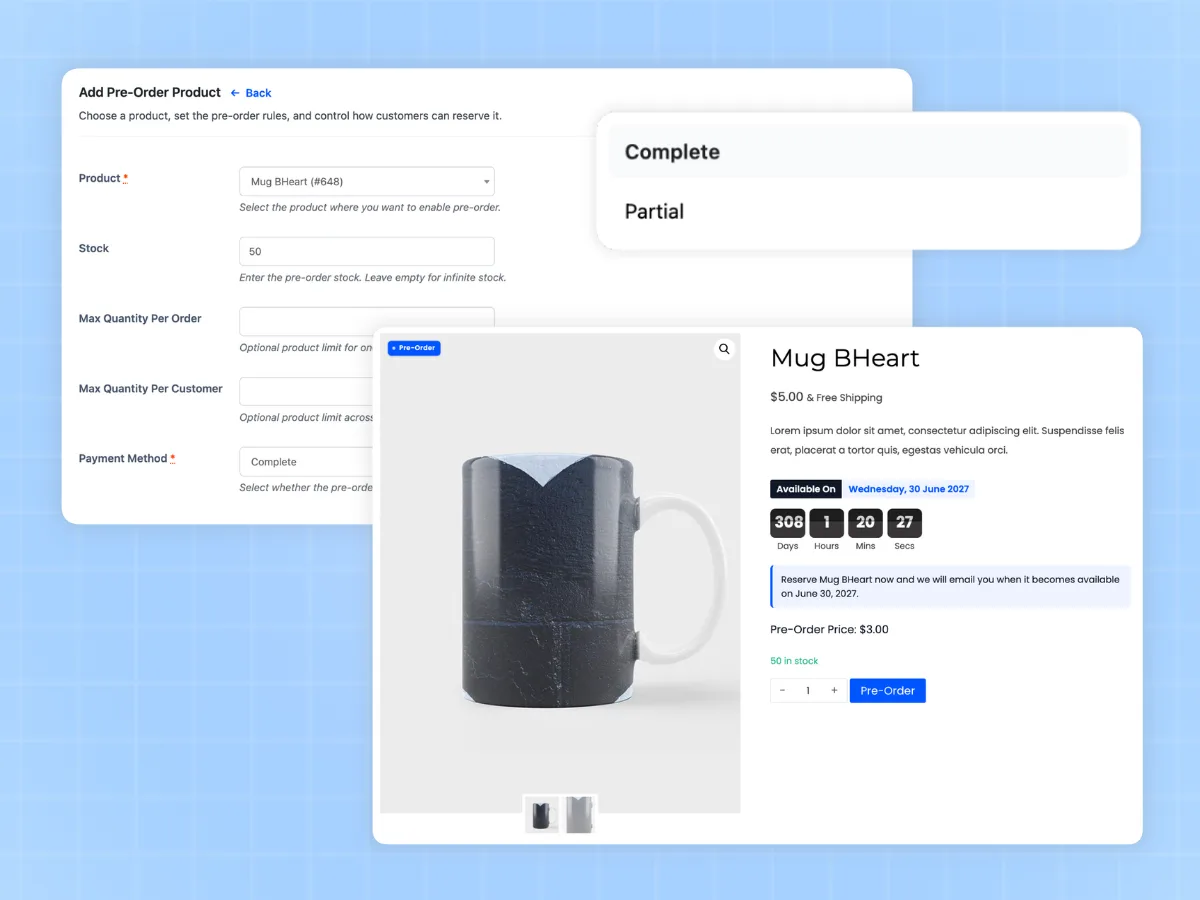 Pre-order product settings showing partial payment and a pre-order price