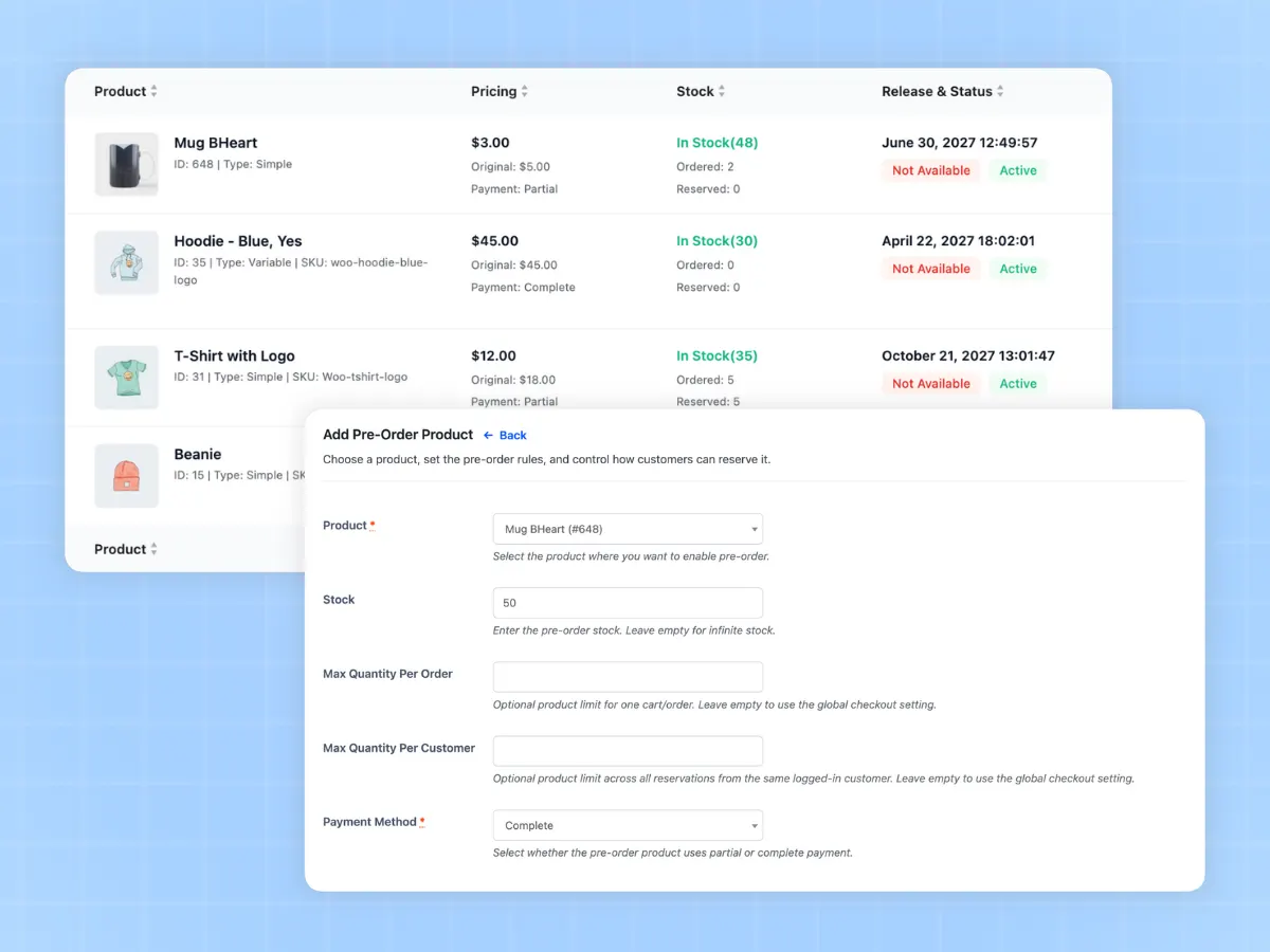 Add Pre-Order Product screen with release date, pre-order stock and status fields