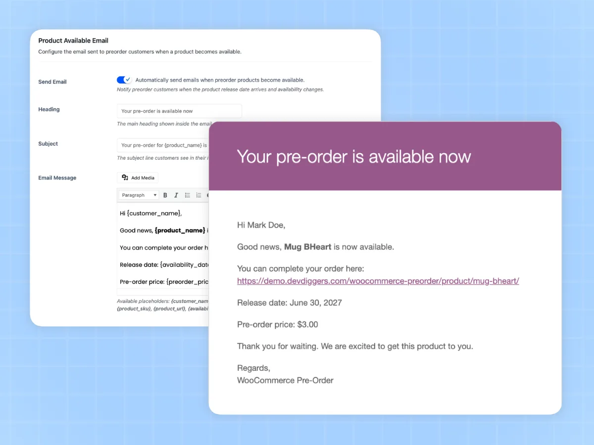 Email settings with heading, subject and message editors for pre-order notifications