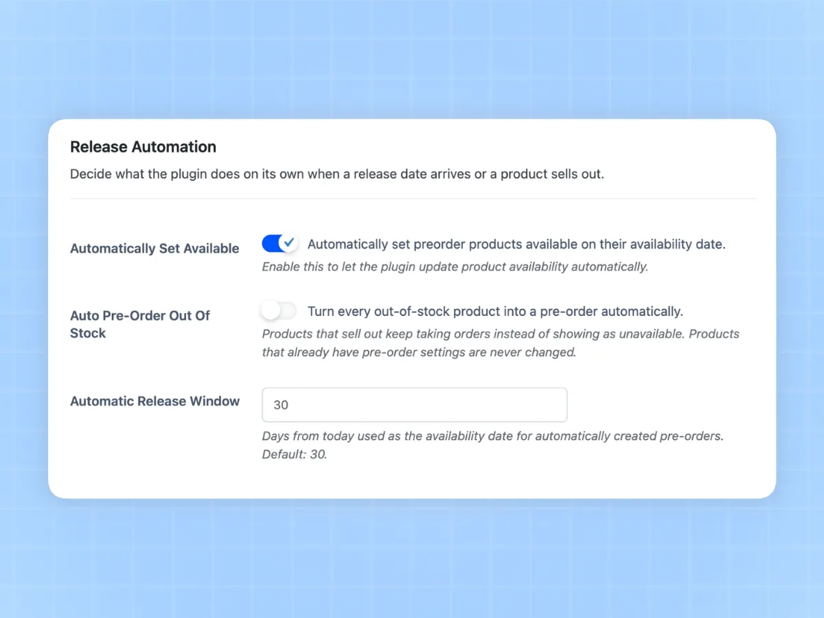 Release automation settings with automatic availability and an automatic release window
