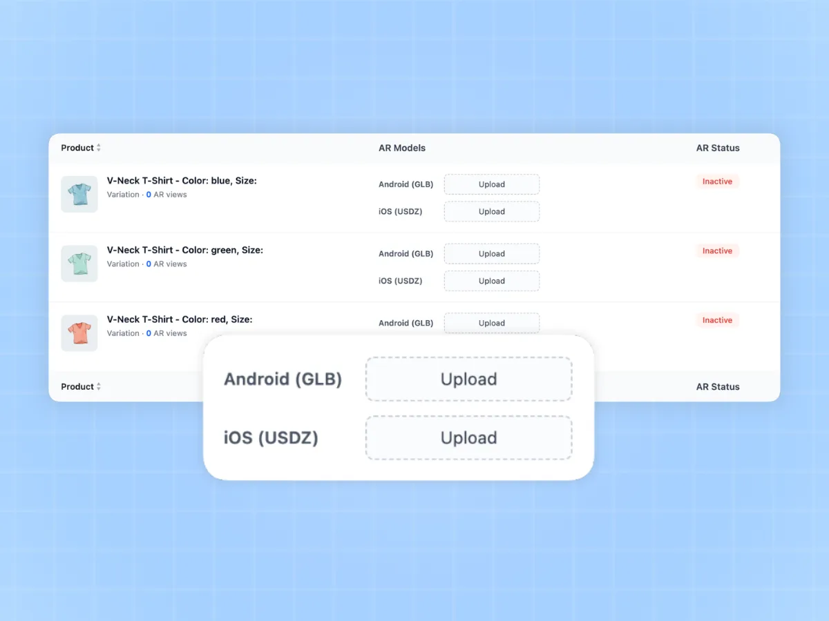 Product list showing blue, green and red variations of one shirt with separate Android and iOS model slots