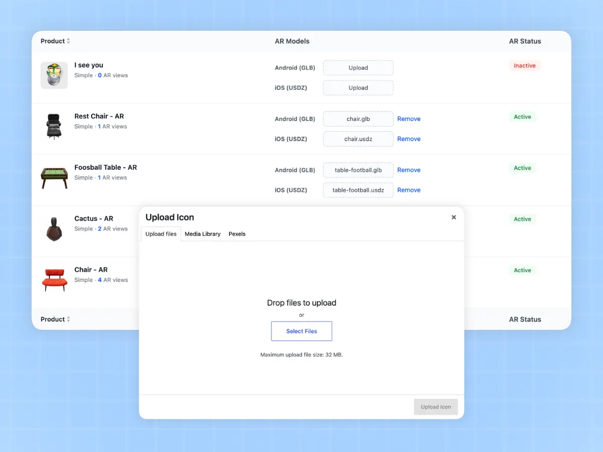 Bulk model manager listing products with their .glb and .usdz files and an Active AR status badge