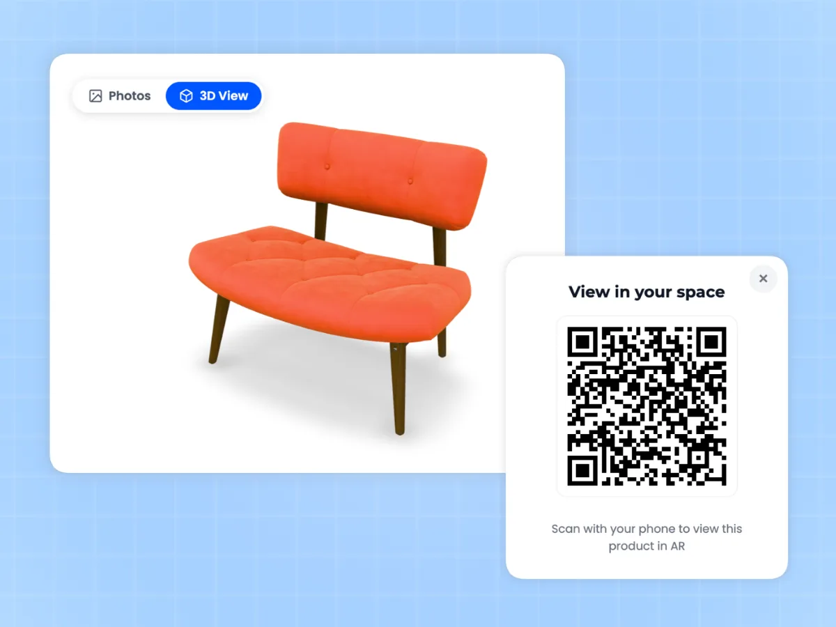 Desktop WooCommerce product page showing a View in your space QR code popup that opens AR on a phone