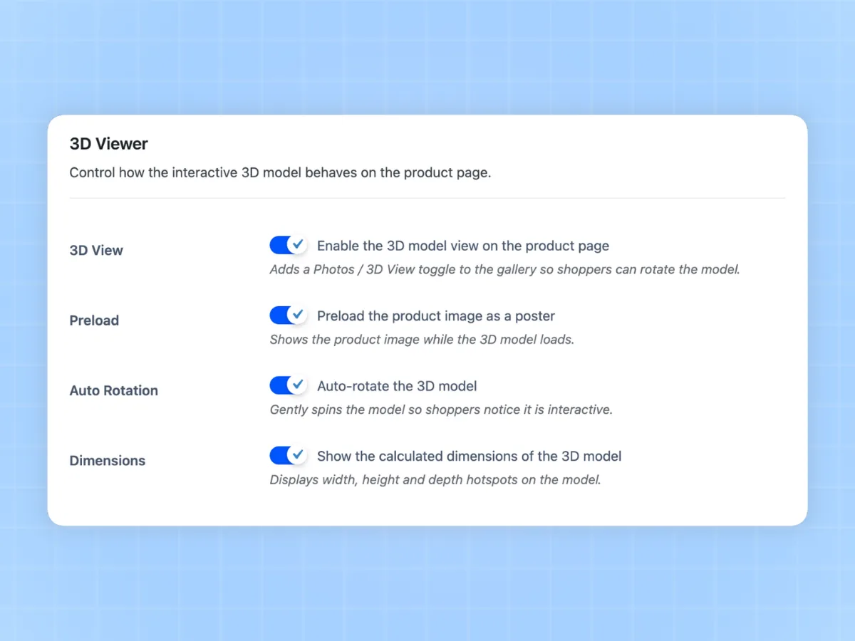 General settings screen with the 3D viewer preload, auto rotation and dimension switches turned on