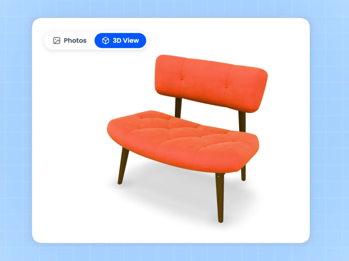 WooCommerce product gallery with a Photos and 3D View toggle showing a rotatable 3D chair