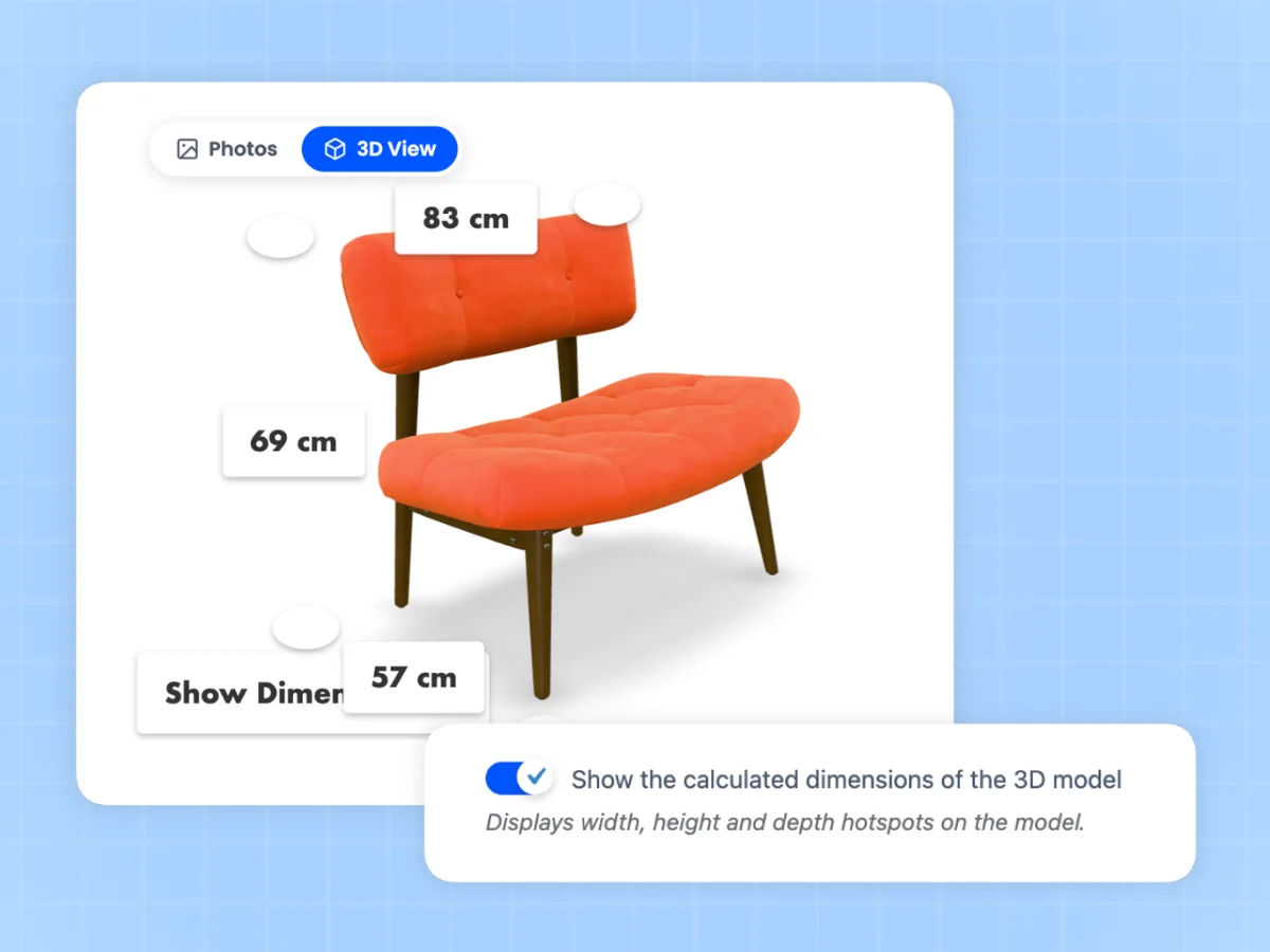 A 3D chair model labelled with 83 cm, 69 cm and 57 cm dimensions read from the model file