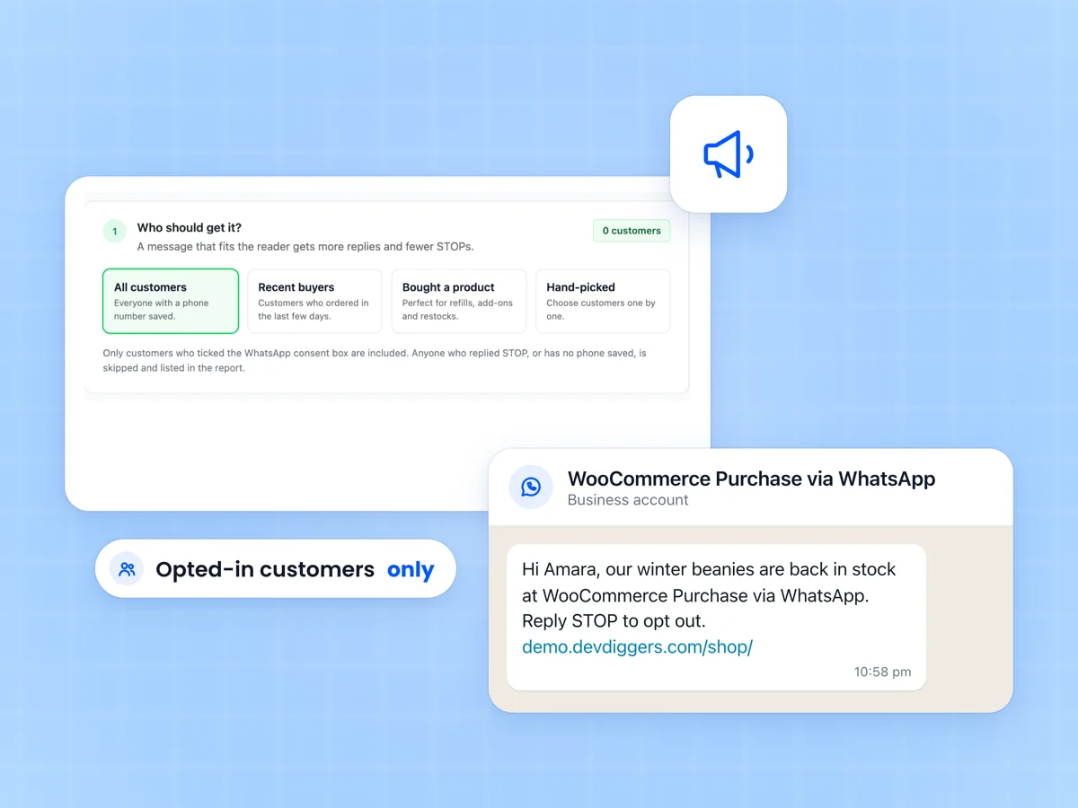 Broadcast audience picker with all customers selected, beside a WhatsApp preview of a restock message