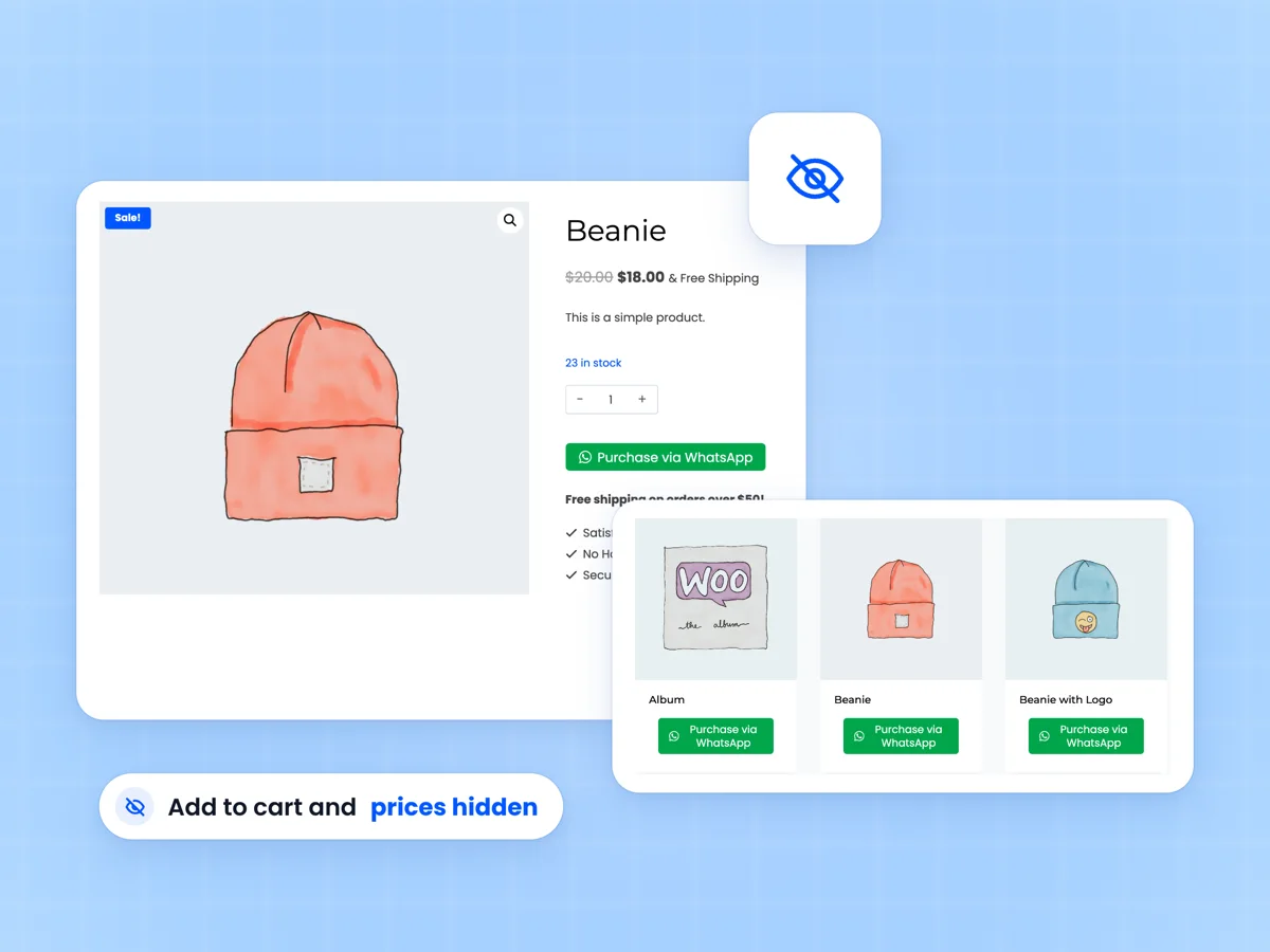 Catalog mode product page with only the WhatsApp button, beside shop cards with prices hidden