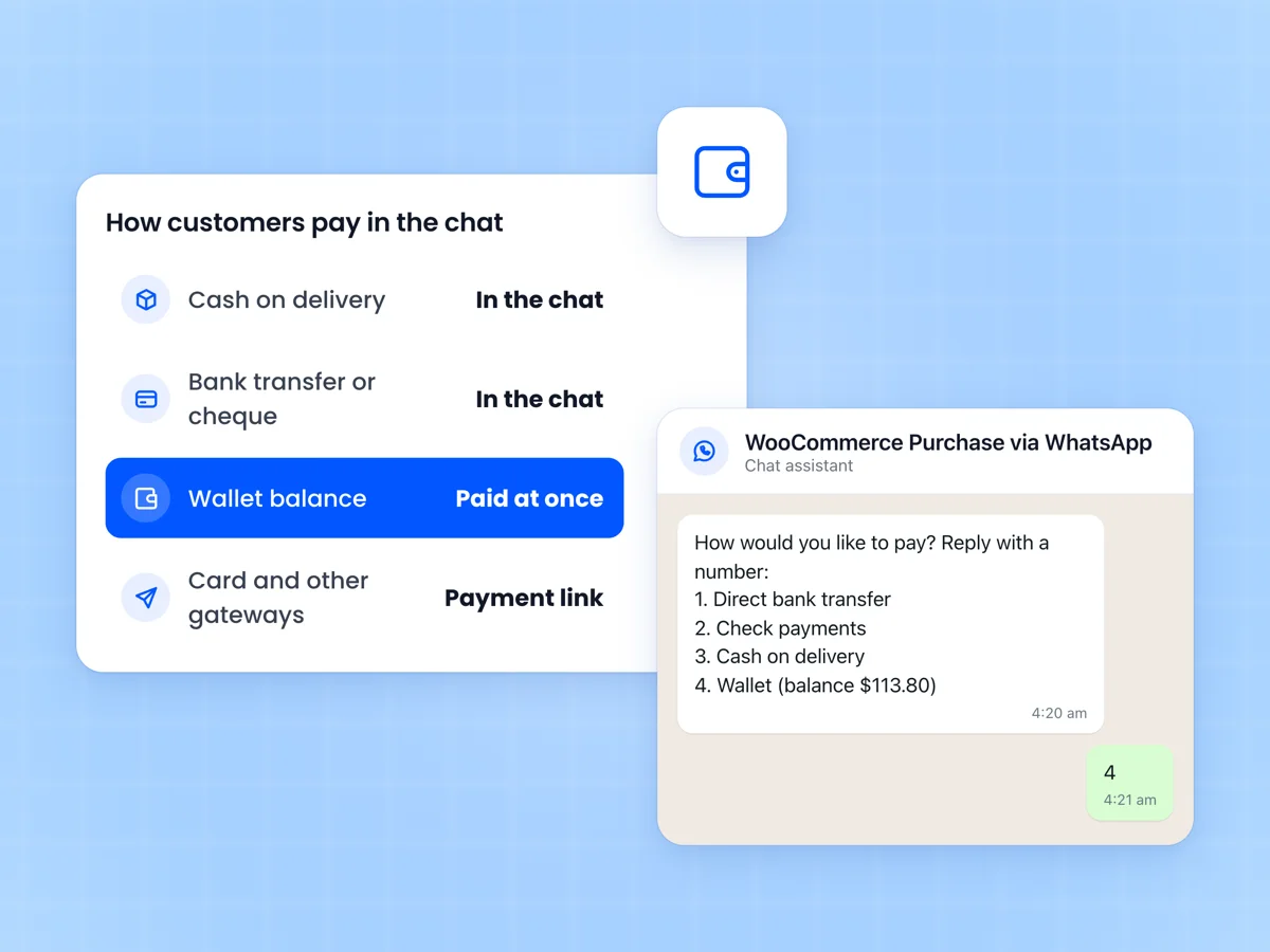 List of payment methods handled in the chat, beside a WhatsApp chat offering bank transfer, cheque, cash on delivery and wallet