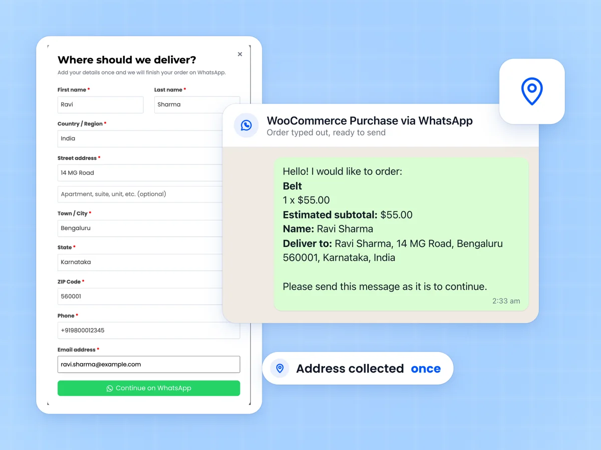 Where should we deliver popup filled in by a guest, beside the WhatsApp chat with the order typed out and ready to send