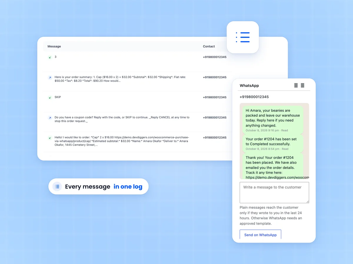 WhatsApp Messages log with incoming and outgoing order chat messages, beside the WhatsApp box on a WooCommerce order screen