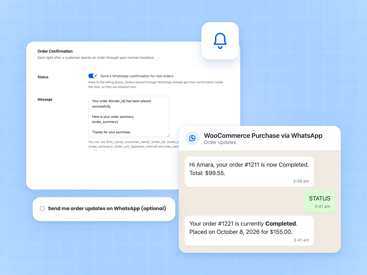 Order Confirmation notification settings and the WhatsApp consent checkbox, beside a chat with a Completed update and a STATUS reply