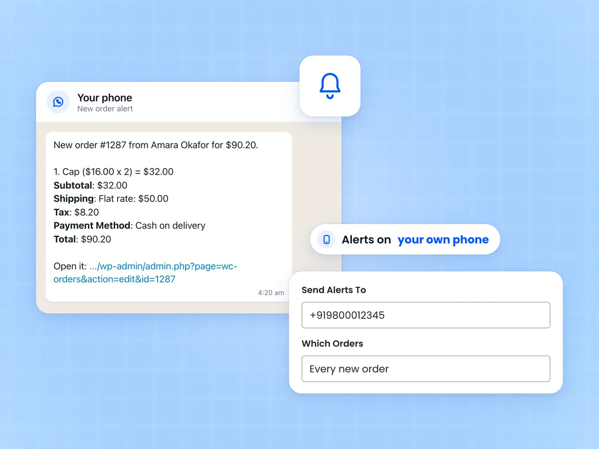 WhatsApp new order alert for order 1287 with the items, total and admin link, beside the Send Alerts To setting