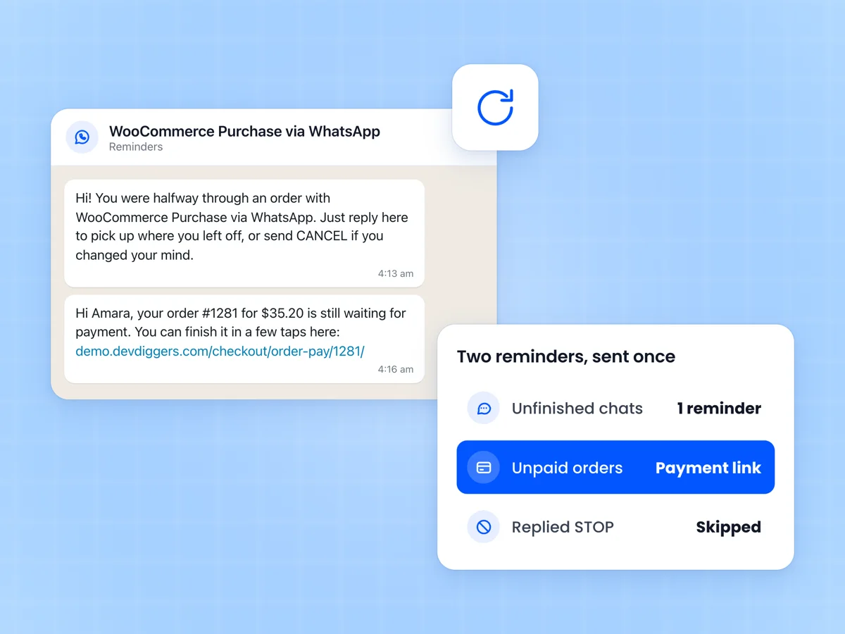 WhatsApp reminders for a half-finished order and an unpaid order with its payment link, beside the list of reminder rules