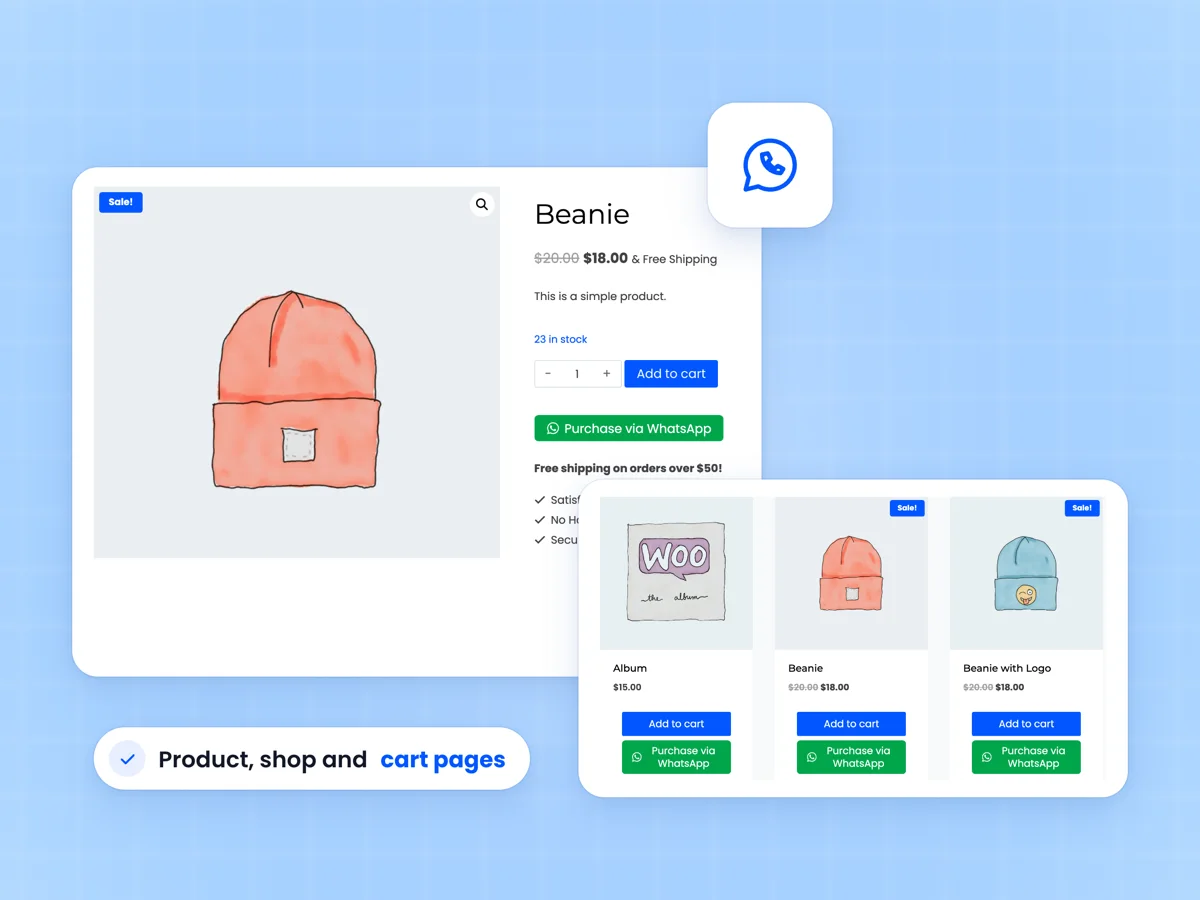 Product page with a green Purchase via WhatsApp button under Add to cart, beside shop cards that each carry the same button