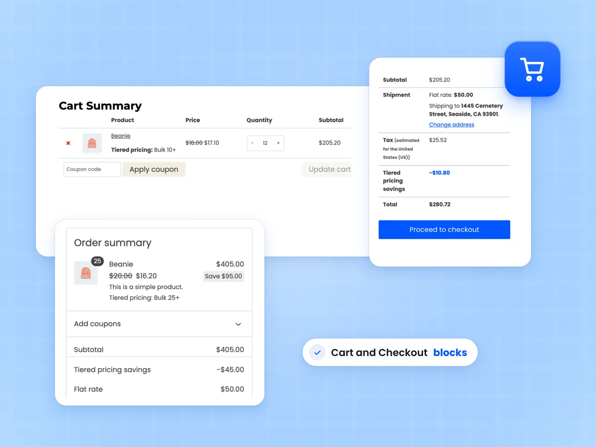 WooCommerce cart with the tier price and a savings row, beside the block checkout order summary