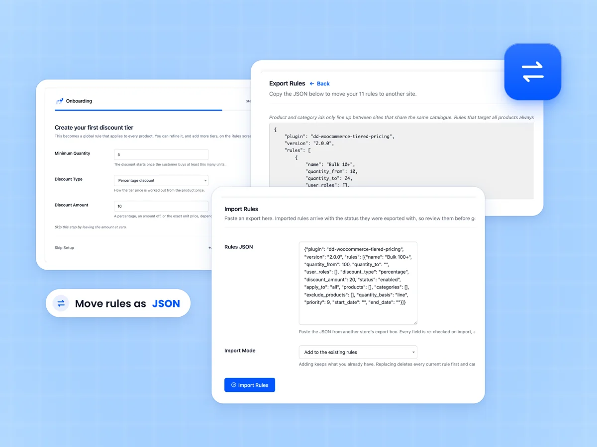 Setup wizard first discount tier step beside the export rules JSON box and the import rules form