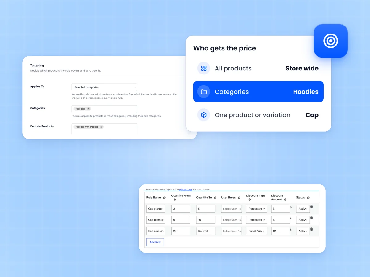 Global rule targeting settings with a category and an excluded product, above the per product and per variation tiered pricing rule tables