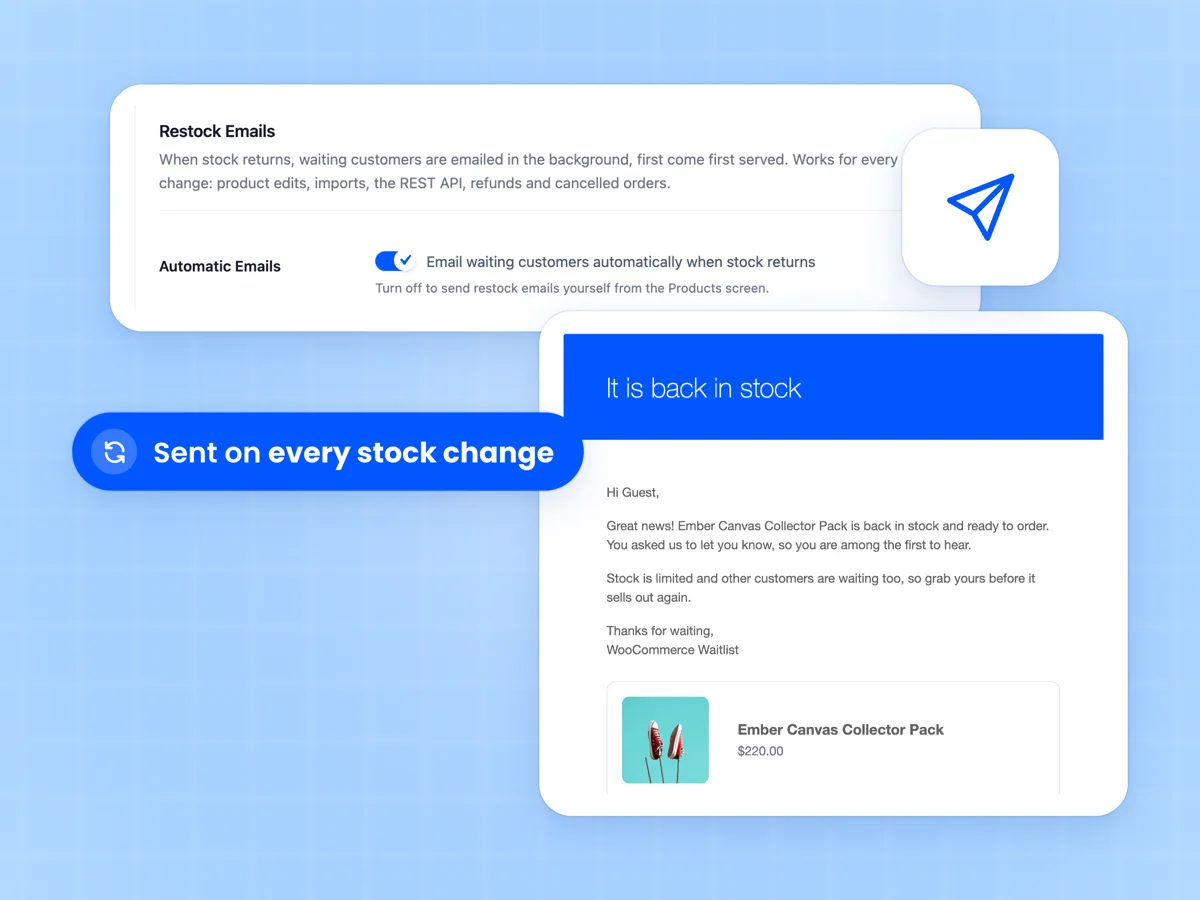 Back in stock email with the product card and Shop Now button beside the Restock Emails settings with automatic emails on