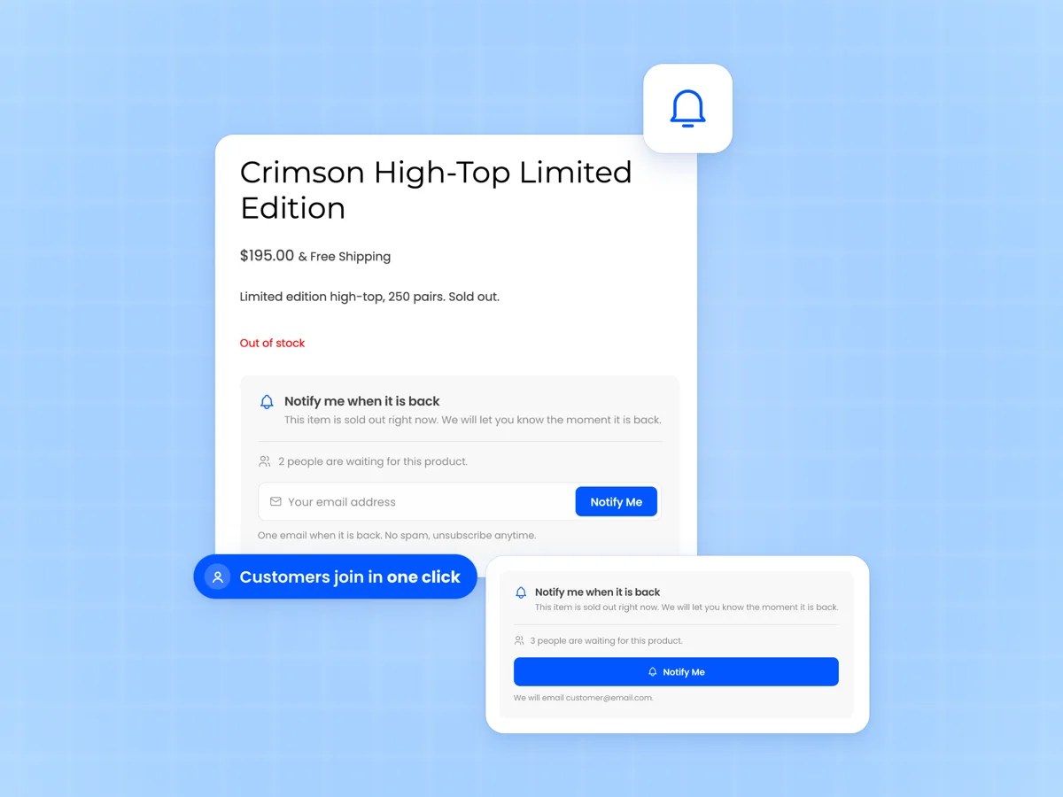 WooCommerce waitlist form on a sold out product page with a Notify Me button and two people waiting