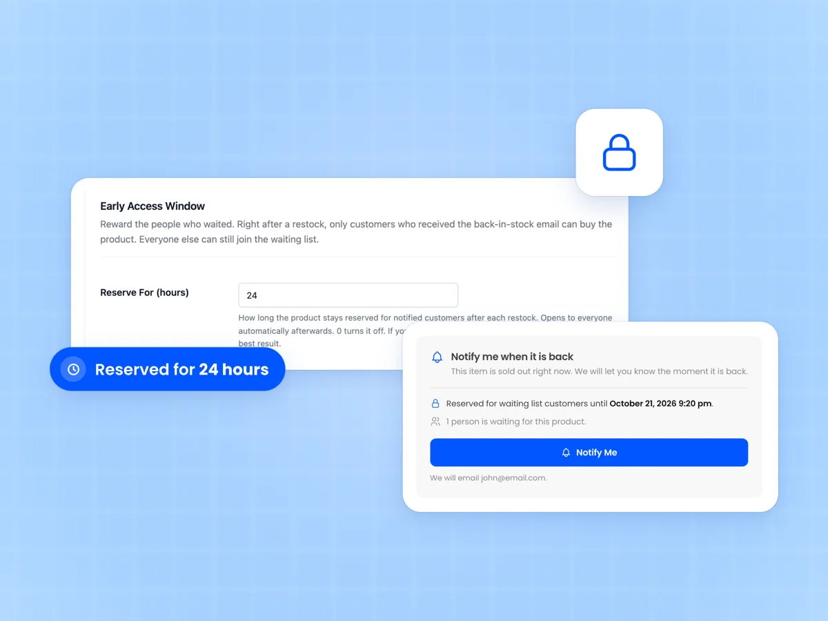 Product page reserved for waiting list customers until a set date and time beside the Early Access Window setting