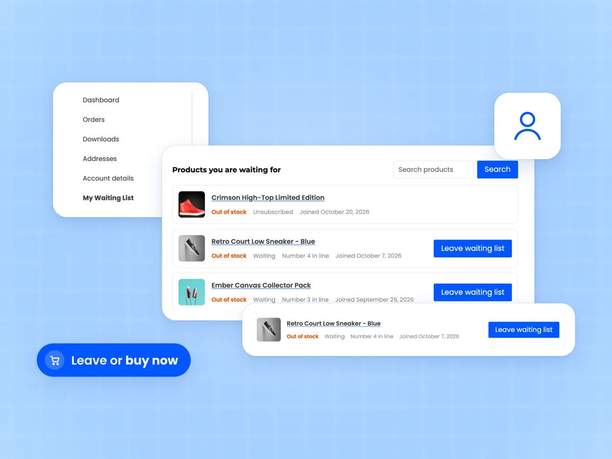 My Waiting List page in WooCommerce My Account with products, stock status, place in line and Leave waiting list buttons
