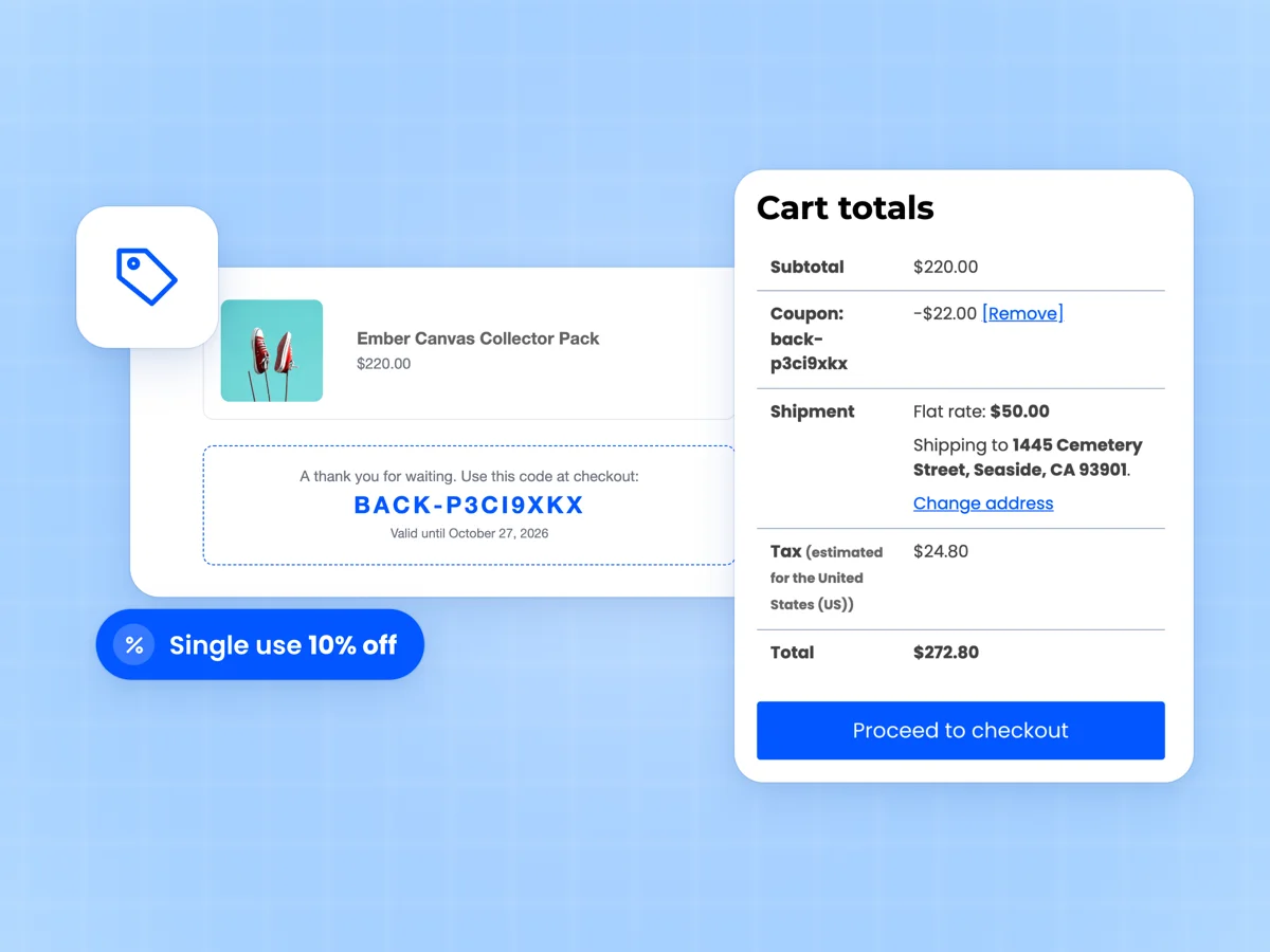 Back in stock email with a unique BACK coupon code beside a WooCommerce cart with the restock coupon applied
