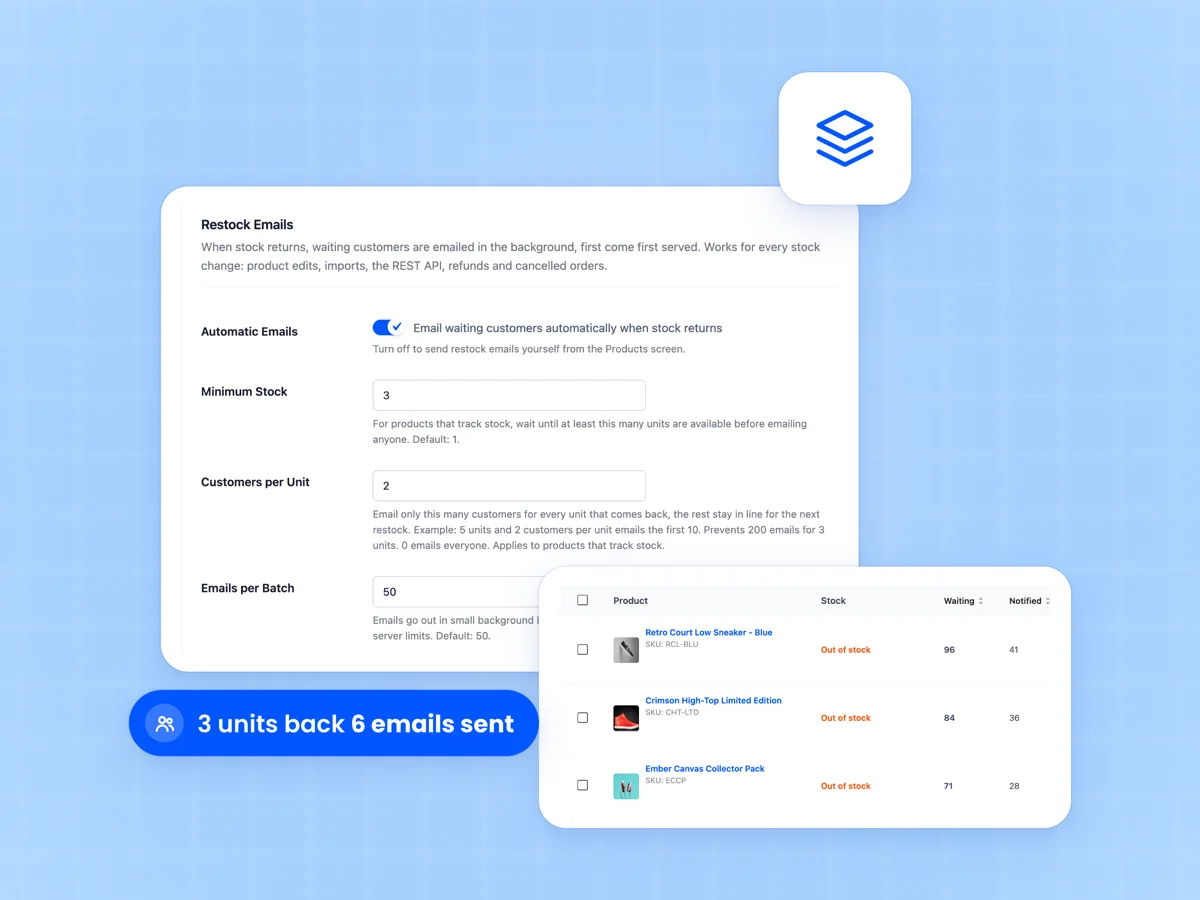 Restock Rules settings with minimum stock, customers per unit and emails per batch beside the products list with waiting customers