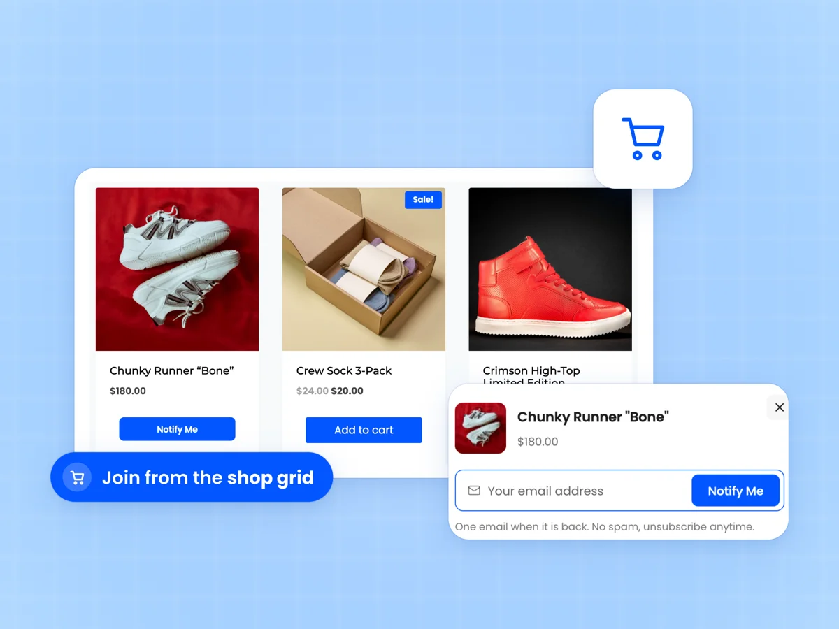 Shop grid with Notify Me buttons on sold out products and the quick signup window open for one of them