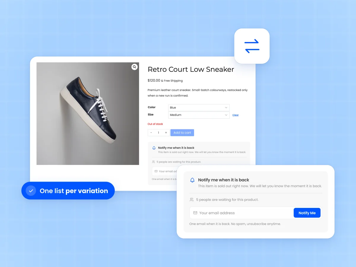 Variable product with Blue and Medium selected and the waitlist form for that sold out variation