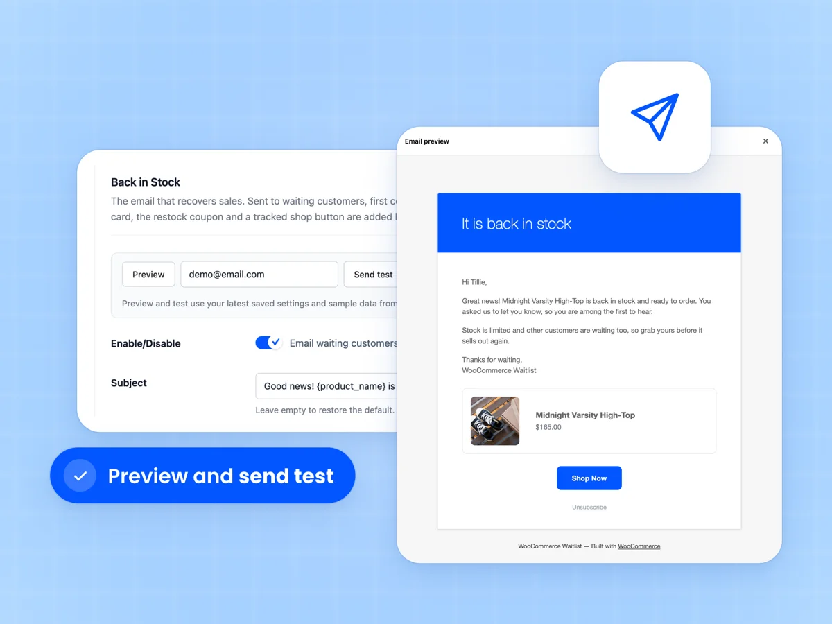 Back in Stock email editor with subject, heading and content fields beside the email preview window