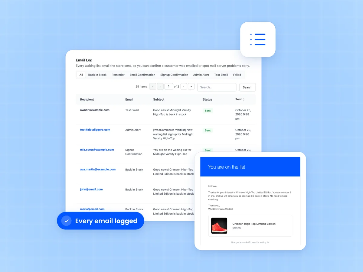 Email Log listing back in stock, reminder and confirmation emails with recipient, subject and Sent status