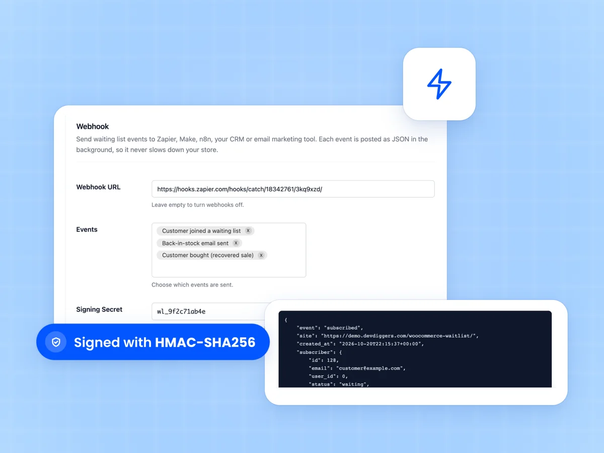 Webhook settings with a Zapier URL, chosen events and the sample JSON payload