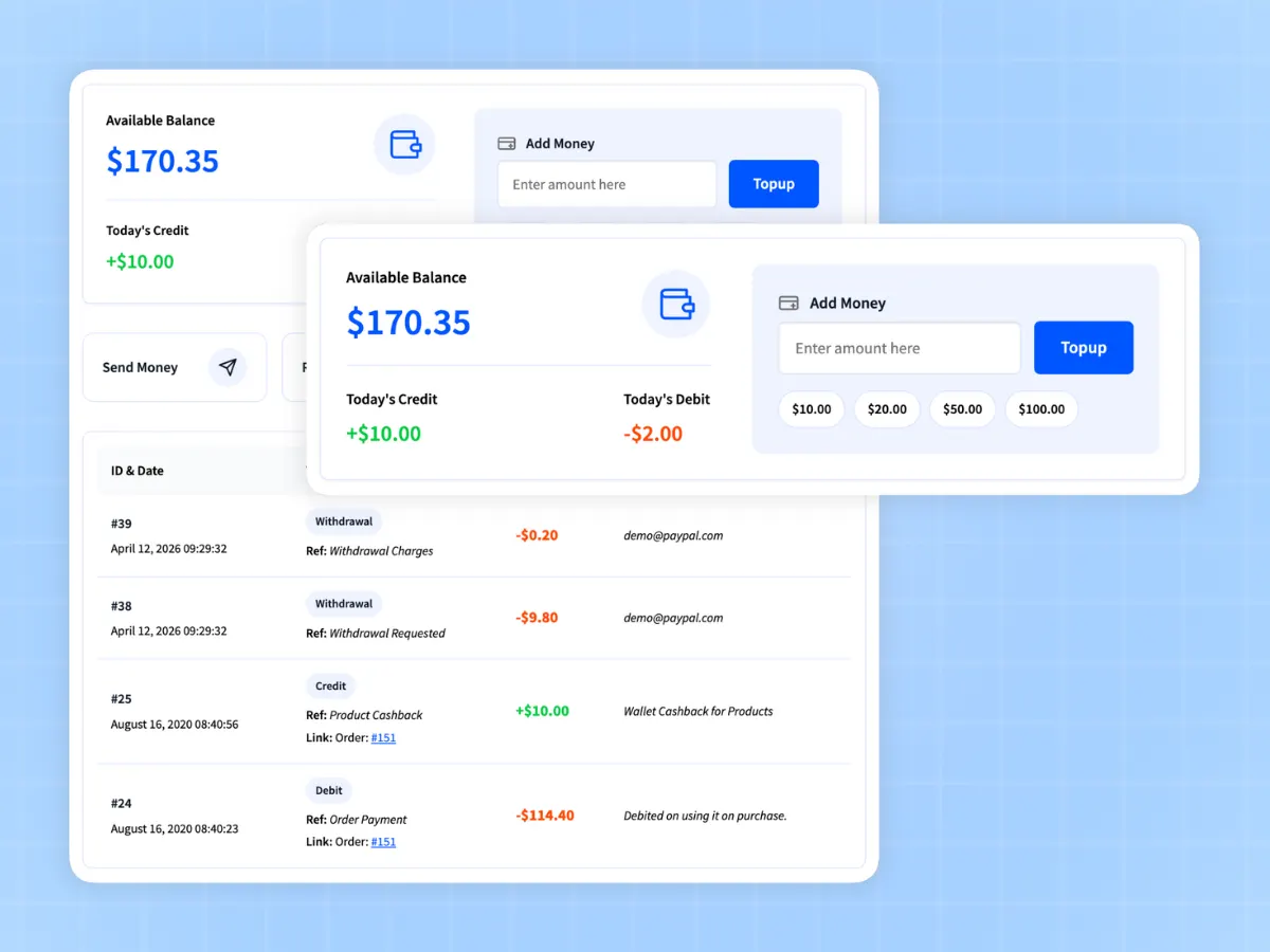 Customer wallet dashboard with live balance in the WooCommerce wallet plugin