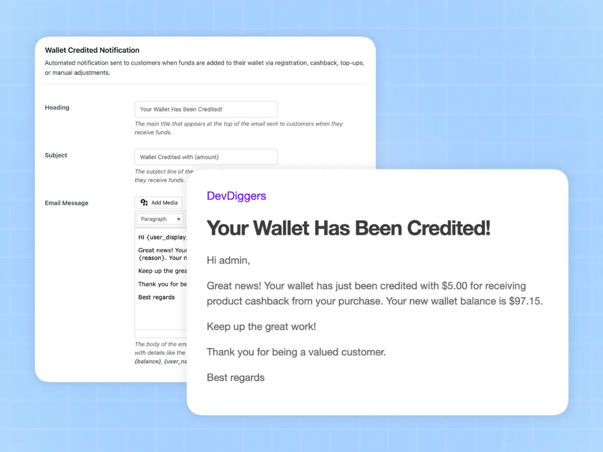 WooCommerce wallet email templates for credit, debit, and adjustments