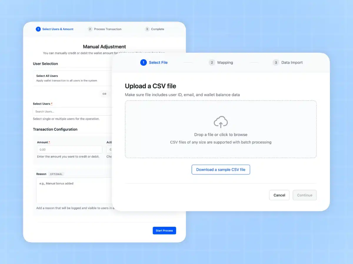 Bulk wallet credit and debit via CSV import and export in WooCommerce