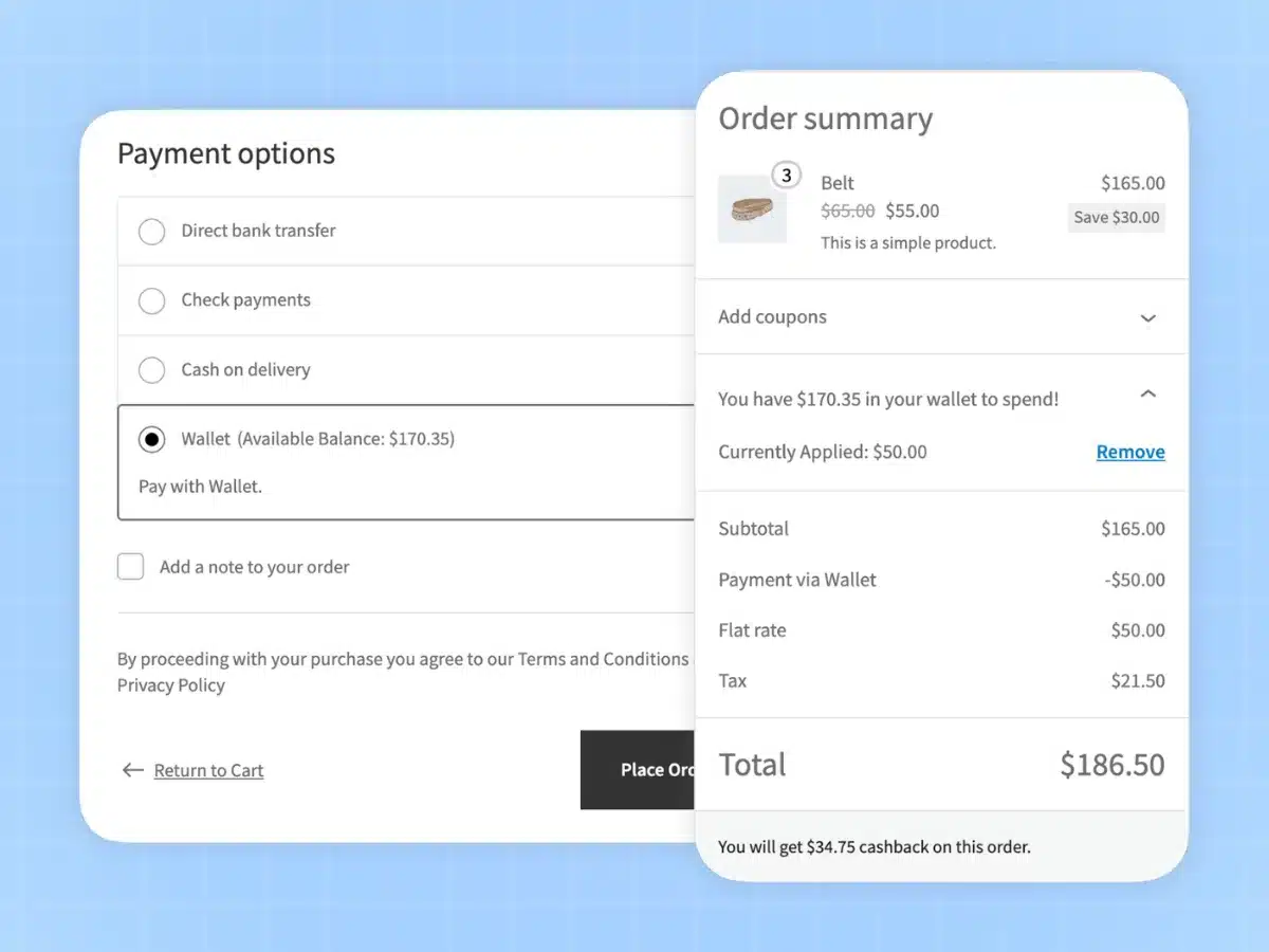Full and partial wallet payments at WooCommerce checkout