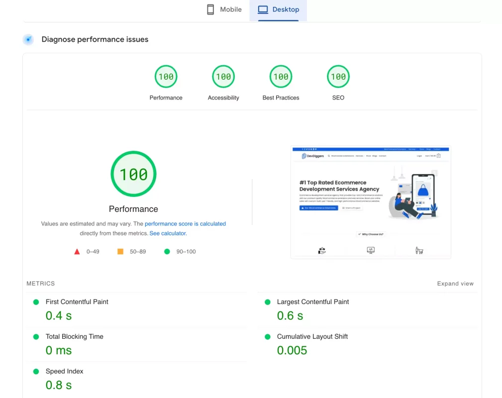 Google PageSpeed Insights score of 100 on desktop for devdiggers.com