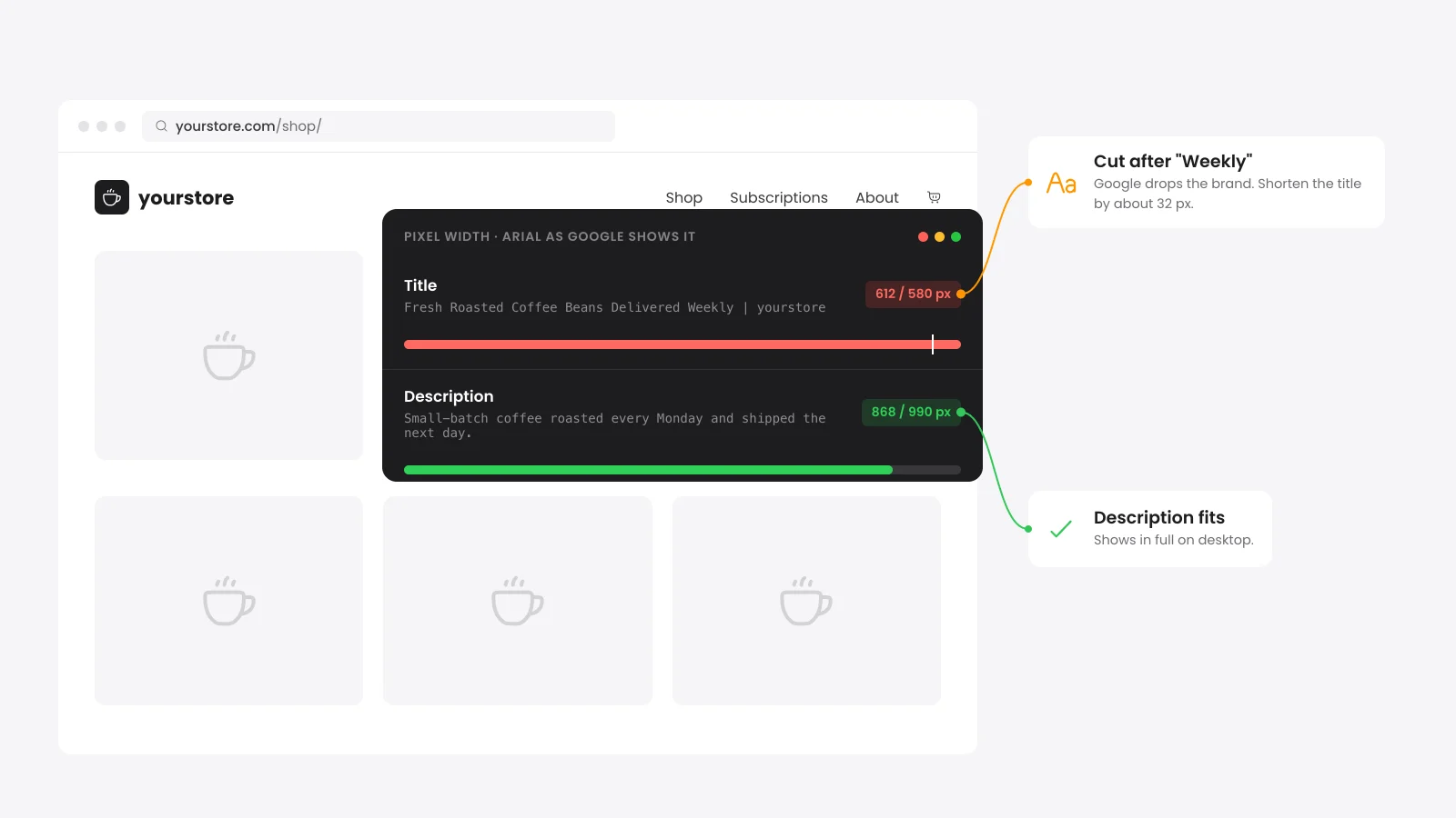 Title and meta description checker showing pixel width meters and a Google search result preview for desktop and phone