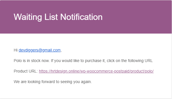 WaitList for WooCommerce email