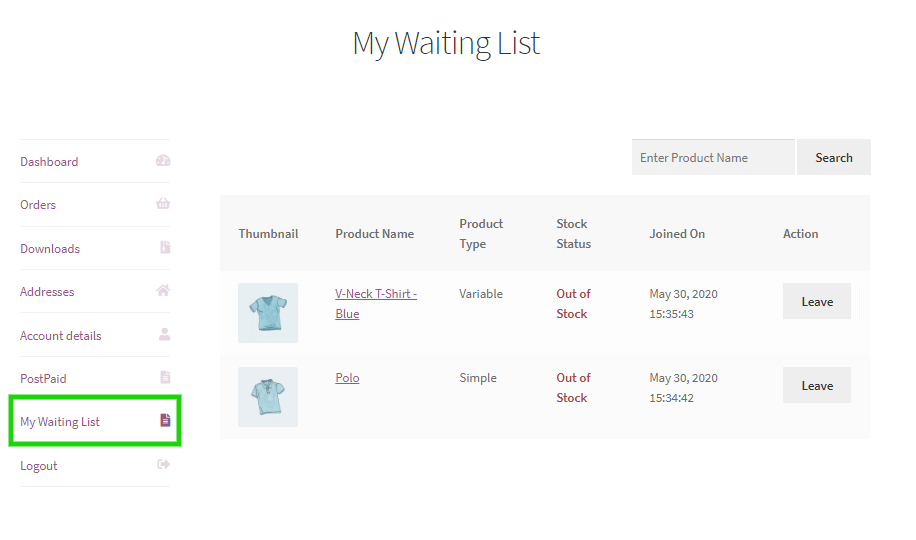 WooCommerce Waitlist my account page