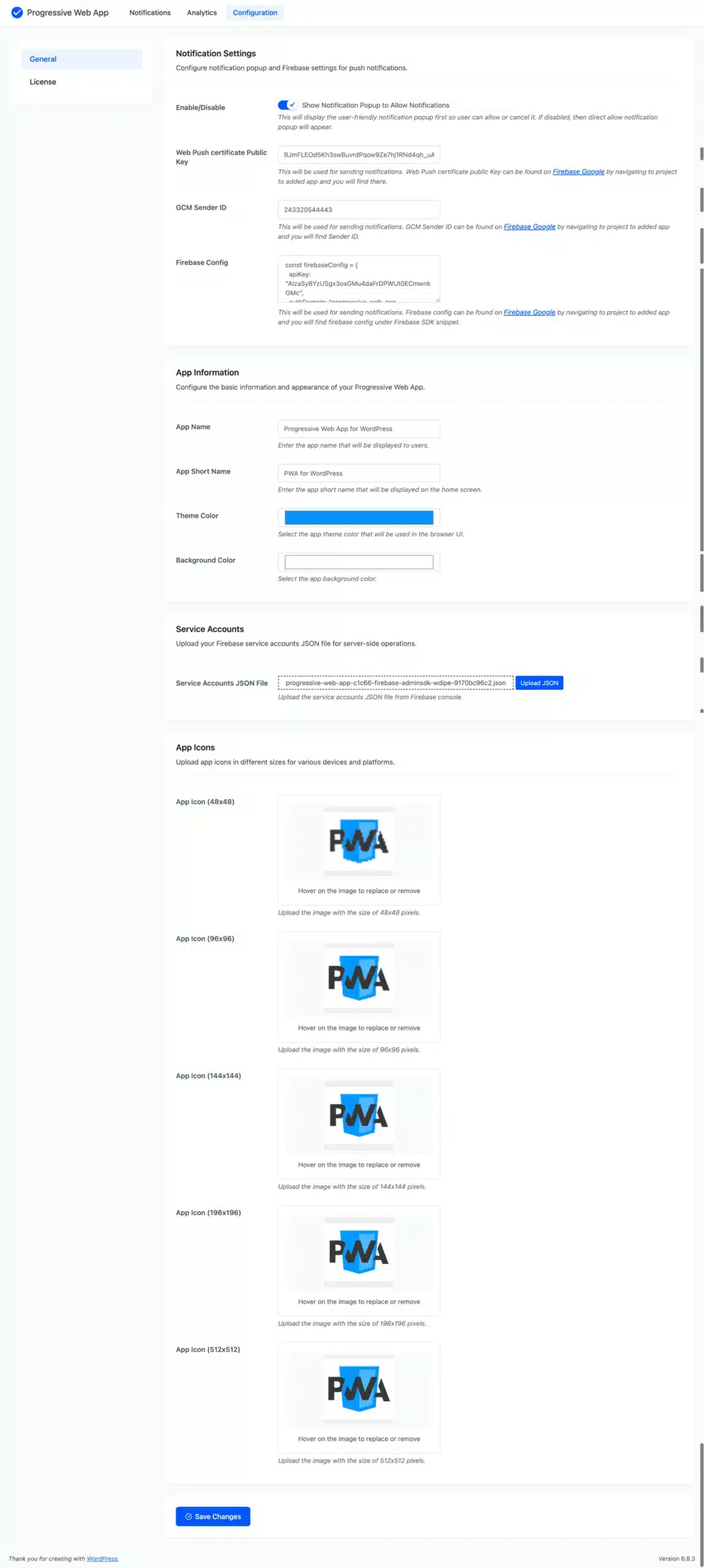 Progressive Web App for WordPress General Configuration Page